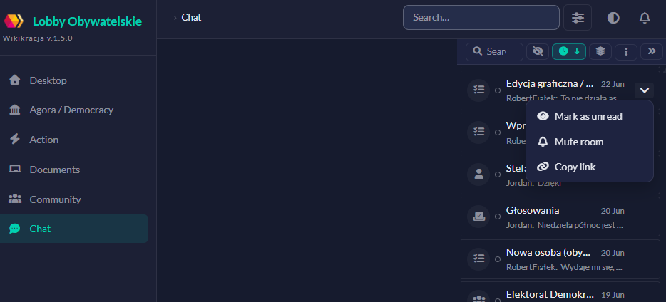 After: redesigned chat screen with room list, search controls, and message actions.