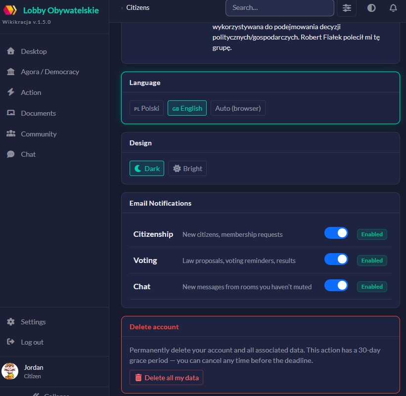 After: redesigned settings screen with language, theme, and notification controls.