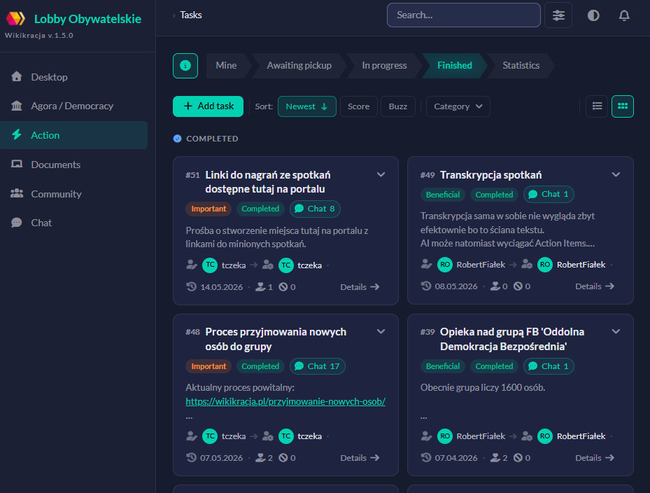After: redesigned finished tasks grid with compact status cards.
