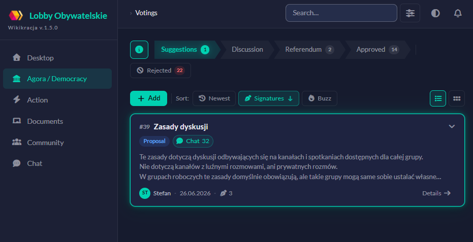 After: redesigned votings screen with sidebar navigation, tabs, filters, and a clearer proposal card.