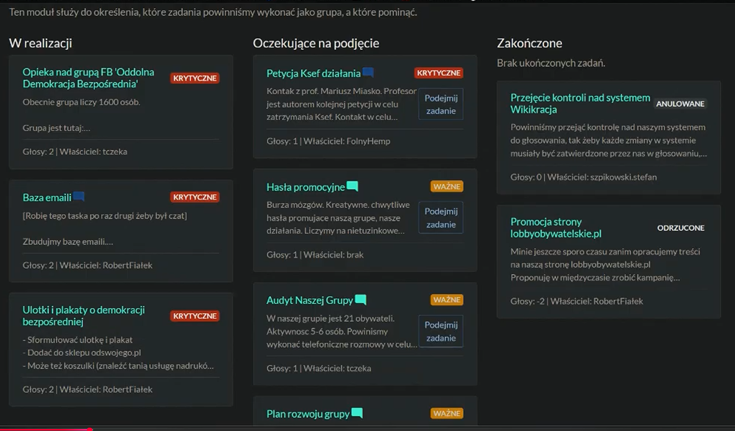 Before: older Wikikracja task board with dense three-column task cards.