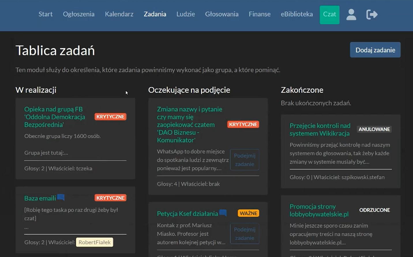 Before: older Wikikracja task board with top navigation and crowded task cards.