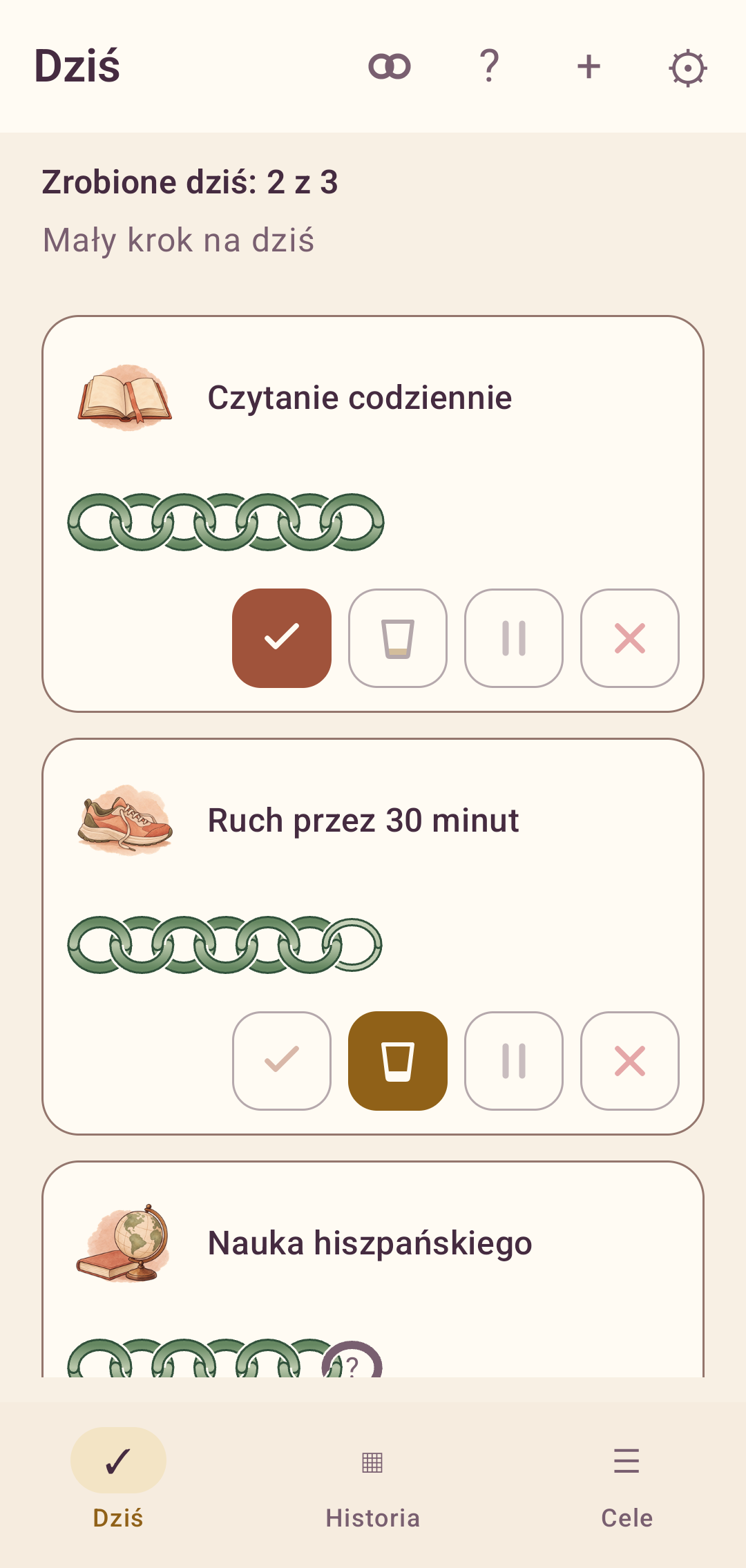 Daily check-in: goals, recent history and outcome buttons. Actual Android interface in Polish, with sample data.